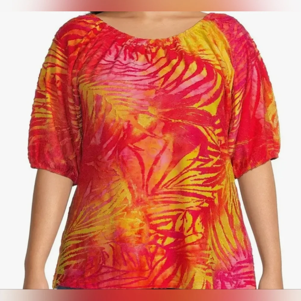 Calessa 3X Plus Womens Flocked Tie Dyed Short Sleeved Top - Picture 4 of 5